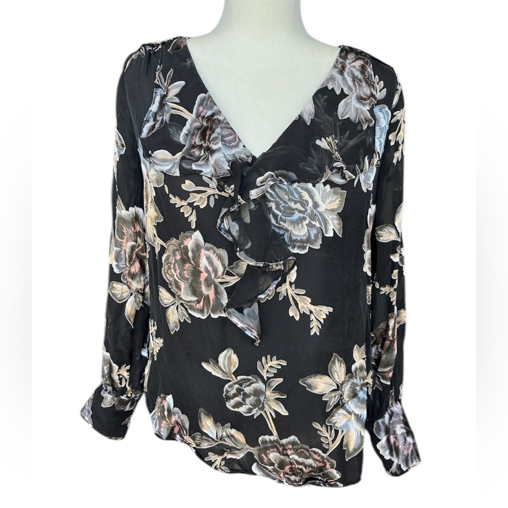 White House Black Market Floral V-Neck Women's Top - Black Long Sleeve Blouse - Picture 4 of 13